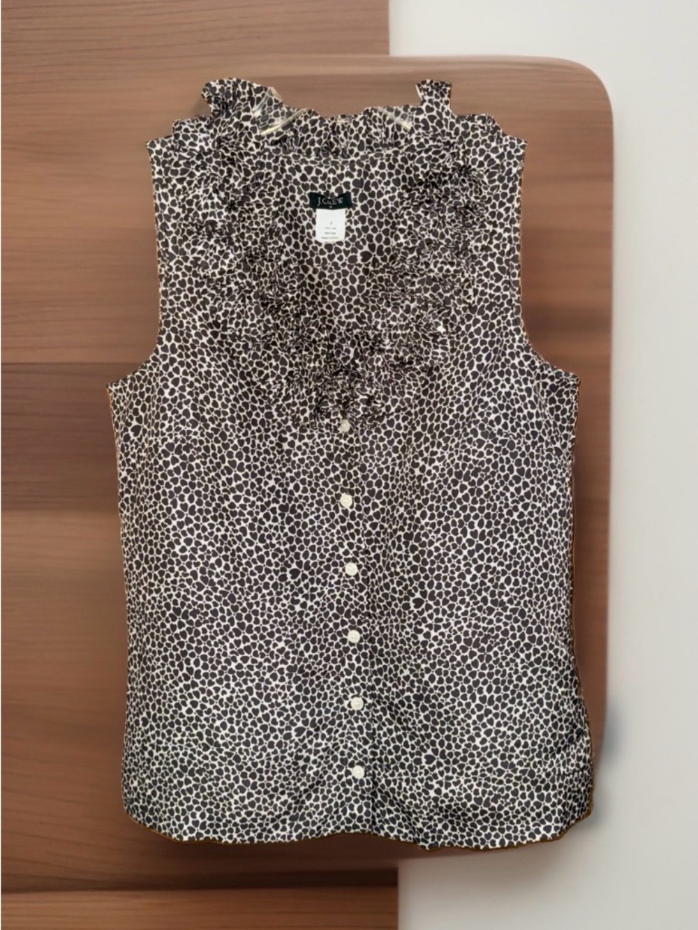 J. Crew Silk Brown & White Ruffle-Collar Sleeveless B D w/Hearts & Dots-2-EC